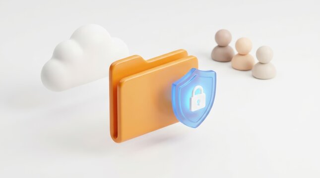 3D secure cloud storage concept with a protected orange folder a glowing blue shield and padlock icon surrounded by abstract user figures