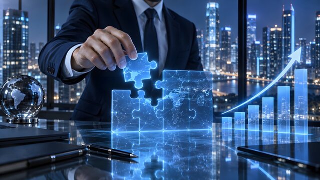 Businessman placing puzzle piece into digital city growth chart symbolizing strategic planning business development problem solving innovation investment success and corporate financial growth