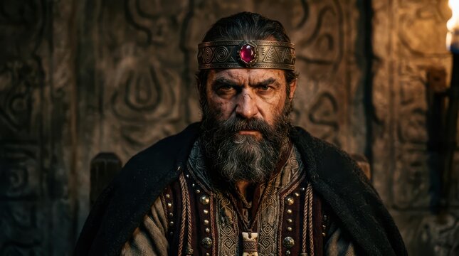 A fierce medieval king with a dark beard wearing a jeweled crown and rich historical royal garments sitting in a stone throne room with ancient