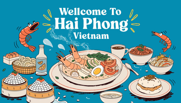 Vibrant Vietnamese Food Illustration: Pho, Seafood, and Local Delicacies from Hai Phong