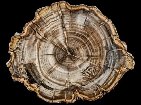 A detailed, polished cross-section of a petrified tree log on a black background, displaying intricate concentric rings, blue-grey colors, natural bark, and tiny gold-like metallic inclusions.