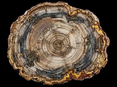 A detailed, polished cross-section of a petrified tree log on a black background, displaying intricate concentric rings, blue-grey colors, natural bark, and tiny gold-like metallic inclusions.