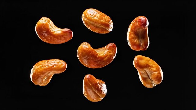 Roasted cashew nuts falling on black background, flying golden brown cashews in slow motion, crunchy salted snack pieces