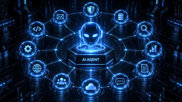 AI agent network with connected digital tools and automation icons representing autonomous artificial intelligence workflow orchestration, smart assistants, cybersecurity, data processing and enterpri