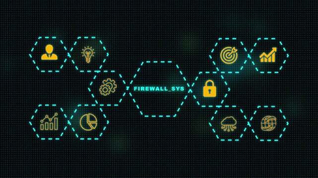 Firewall sys concept with network security protection and corporate business technology infrastructure icons in futuristic hexagon HUD interface, 4k motion graphics