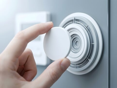 Hand placing white electronic component on circular mounting plate