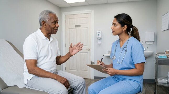 Doctor consults with senior patient in clinic room discussing health concerns and medical treatment options for care.