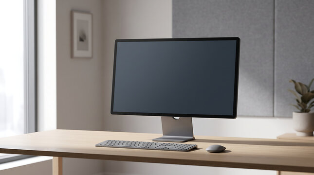 Modern computer monitor with blank screen on wooden desk in bright office workspace transparent background