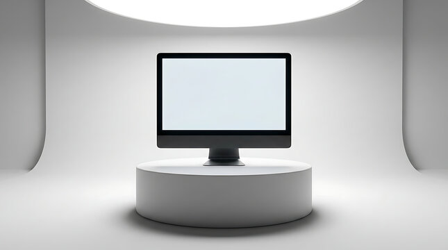 Modern computer monitor with blank screen display centered on a minimalist white circular pedestal stage transparent background