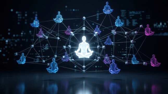 Abstract Digital Network Concept Featuring Glowing Meditating Human Figures Interconnected Through Complex Geometric Lines Representing Global