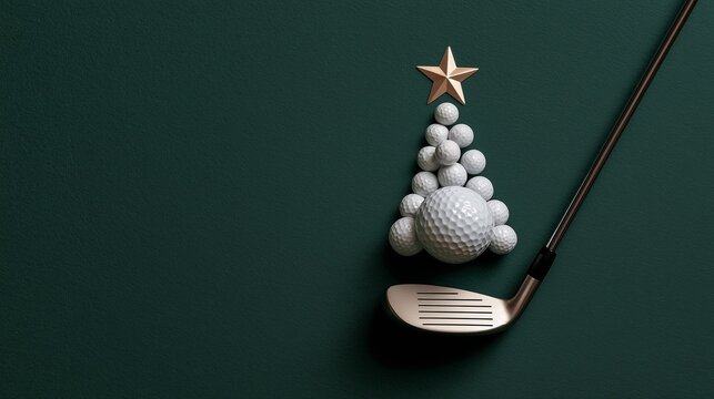 Golf balls arranged in a Christmas tree shape next to a golf club on a green surface
