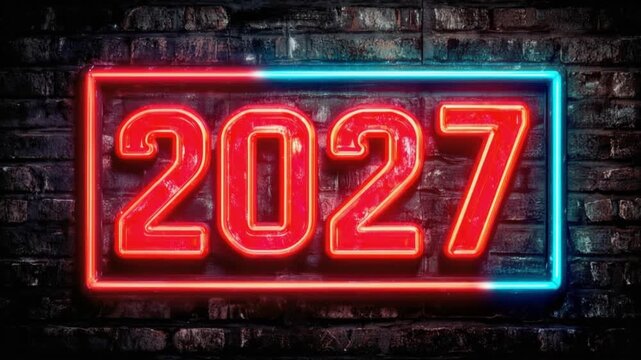 Neon sign displaying the year 2027 with red and blue lights on a brick wall. ..Created with Generative AI, not depicting real subjects.