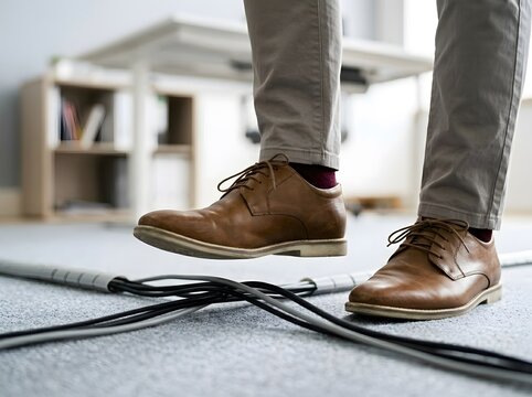 Man stepping over messy electrical cables on an office floor