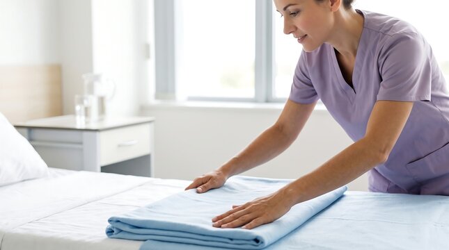 A healthcare professional in a purple uniform carefully folds a light blue sheet on a hospital bed in a bright room.