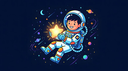 Fototapeta premium Cute cartoon astronaut boy floating in space holding a glowing yellow star illustration.