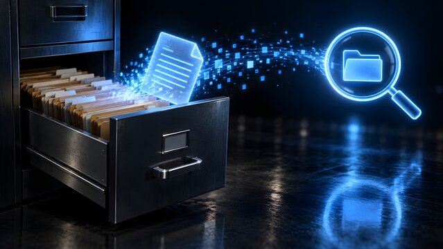 Digital document search and file retrieval concept with archive cabinet, glowing folder icon and data particles, representing records management, information storage, document organization and secure 
