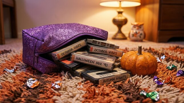 Retro purple glitter pouch overflowing with nostalgic cassette tapes on shag rug next to cozy pumpkin and autumn sweets.