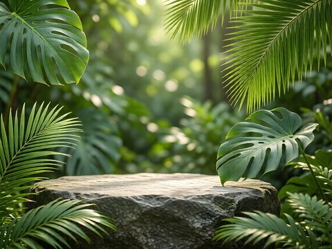 Product podium with leaves and green plants background