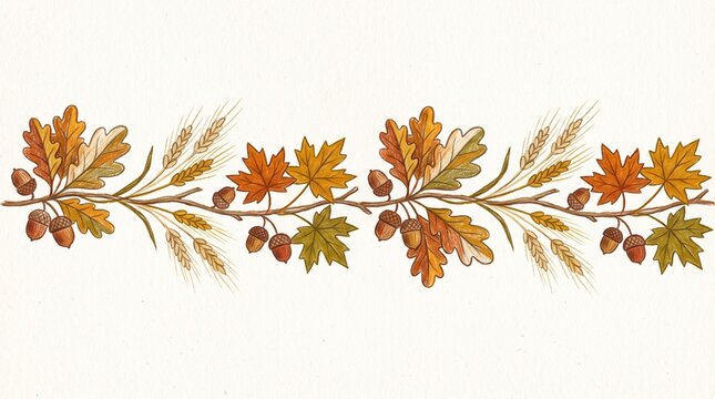 Autumn leaves and wheat garland border on white background for seasonal harvest design.