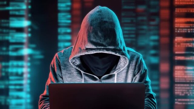 A mysterious figure in a hooded sweatshirt is silhouetted against a backdrop of glowing digital code, hunched over a laptop. ..Created with Generative AI, not depicting real subjects.