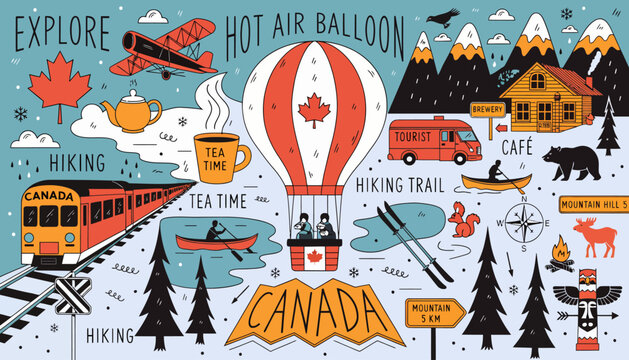 Canada Travel Adventure: Hot Air Balloon, Hiking, Train, Canoe, Nature, Wildlife, Map Icons