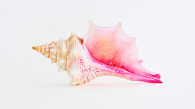 A delicate pink and white conch shell displayed on a white background, showcasing its intricate spiral and textured ridges.