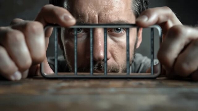 A man's face is seen through the bars of a smartphone screen. ..Created with Generative AI, not depicting real subjects.