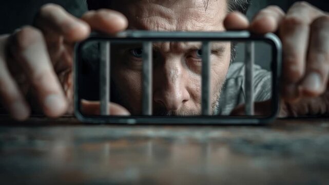 A man's intense gaze is trapped behind the digital bars of a smartphone screen. ..Created with Generative AI, not depicting real subjects.