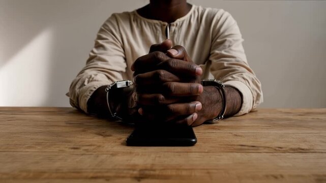 A person sits at a wooden table, their hands clasped together with handcuffs. The scene conveys a sense of confinement and struggle. ..Created with Generative AI, not depicting real subjects.