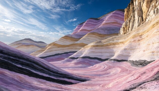 Colorful striped desert mountains and geological formations. Natural rock strata and mineral layers. Scenic landscape view of layered pastel hills under a blue sky