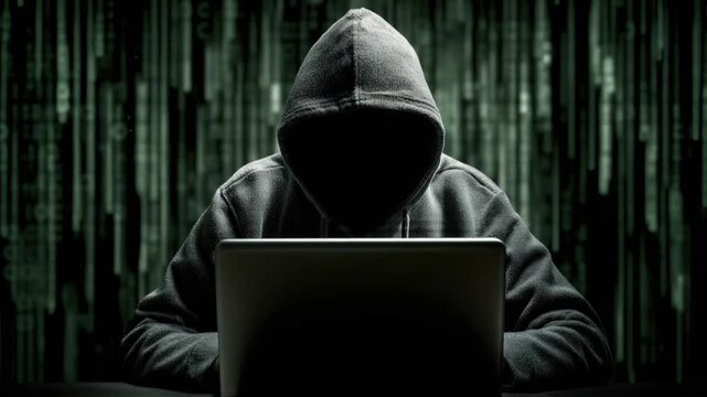An anonymous figure in a hooded sweatshirt sits in front of a laptop, silhouetted against a digital matrix of green binary code. ..Created with Generative AI, not depicting real subjects.