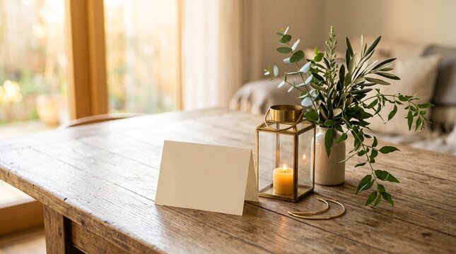 Blank Greeting Card Mockup with Candle Lantern and Greenery on Rustic Wooden Table