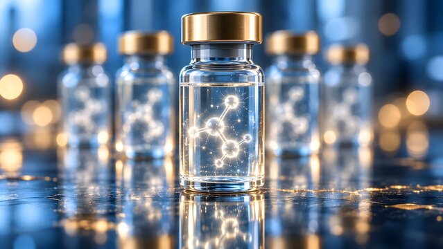 Transparent pharmaceutical vial with golden cap and glowing molecular particles in modern laboratory, vaccine research, biotechnology, medicine development, healthcare innovation and drug testing conc