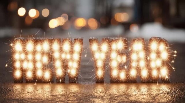 New Year celebration spelled out in bright sparklers, with bokeh lights in the background. ..Created with Generative AI, not depicting real subjects.