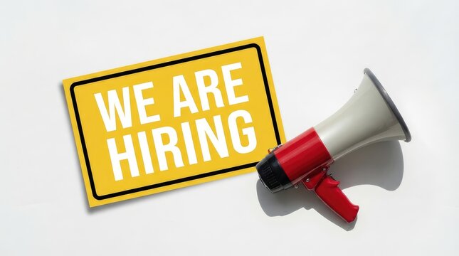 Bright yellow hiring sign paired with megaphone emphasizing job openings announcement with Yellow rectangular sign announces hiring bold white text next red megaphone
