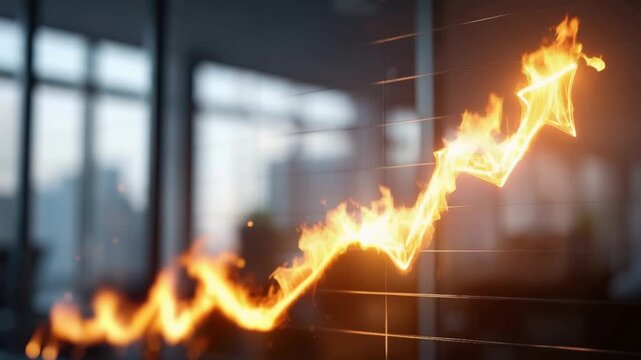 A fiery upward trending graph ignites with vibrant flames, symbolizing rapid growth and surging success in a dynamic business environment. ..Created with Generative AI, not depicting real subjects.