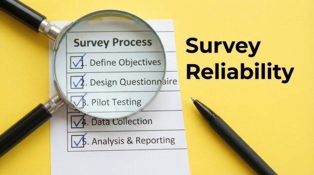 Survey process checklist under magnifying glass emphasizing reliability in research documentation with examined accuracy reliability checklist outlines key