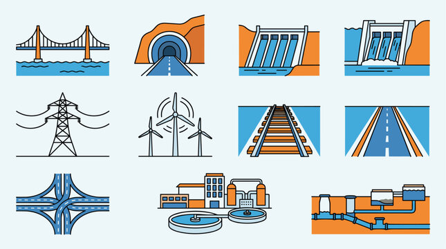 Set of 9 flat design icons representing infrastructure and utilities, including bridges, tunnels, dams, power lines, wind turbines, railways, roads