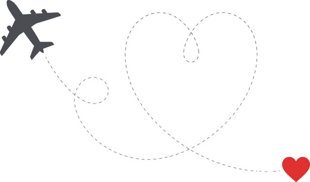 Airplane flying heart shaped smoke trail vector, romantic travel concept with plane silhouette, love flight path illustration