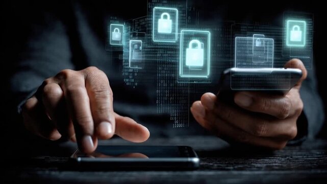 Digital security concept with hand holding smartphone and glowing digital locks in the air. ..Created with Generative AI, not depicting real subjects.
