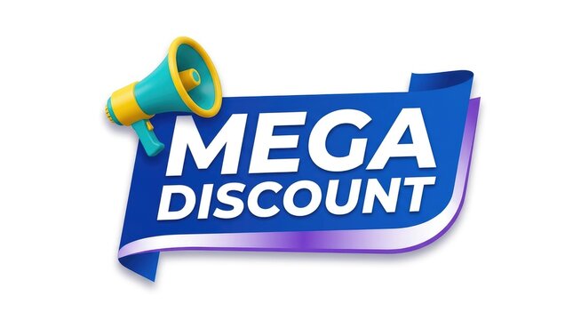 Bright banner with megaphone announcing large discount sale event with Banner highlights significant discount offer colorful megaphone graphic