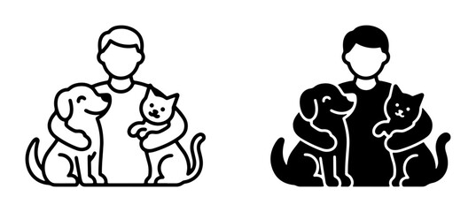 Fototapeta premium Pet Care Icons: Person Hugging Dog and Cat, Outline and Silhouette Vector Graphics for Animal Lovers