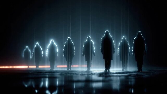 A line of shadowy, cloaked figures stand in a futuristic, ethereal environment. ..Created with Generative AI, not depicting real subjects.