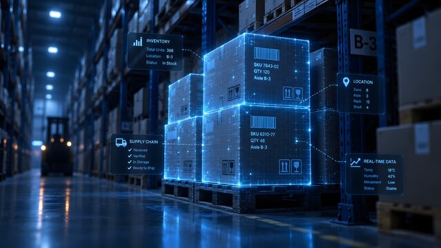 Smart Warehouse Inventory Tracking with Digital Holographic Boxes and Data Interface Concept of Logistics Automation Supply Chain Management IoT Technology and Modern Distribution Center