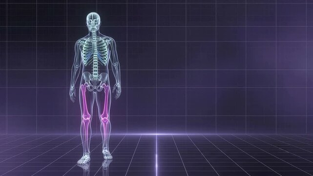 Futuristic 3D animation of a human skeleton with highlighted femurs on a digital grid background.
