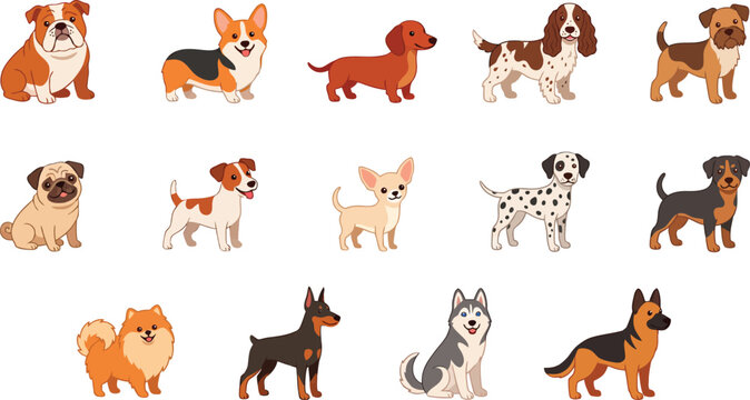 Cute dog breeds collection, 14 flat vector pet icons, diverse puppy characters set for veterinary and animal care design