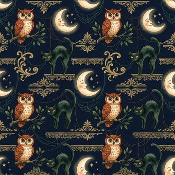 Halloween seamless pattern with owls, black cats, moons and stars on dark blue background for fabric or wallpaper.