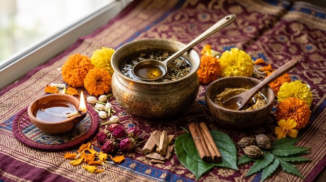 Ayurvedic Abhyanga bath ingredients including herbal oils, powders, spices, marigold flowers, and a lit diya lamp