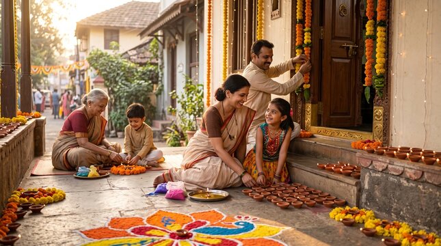 Multi-generational Indian family decorating their home entrance with rangoli, diyas, and flower garlands for Diwali