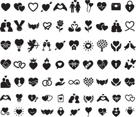 Obraz premium Love Icon Set – Heart, Couple, Romance and Wedding Symbols in Black Silhouette Style